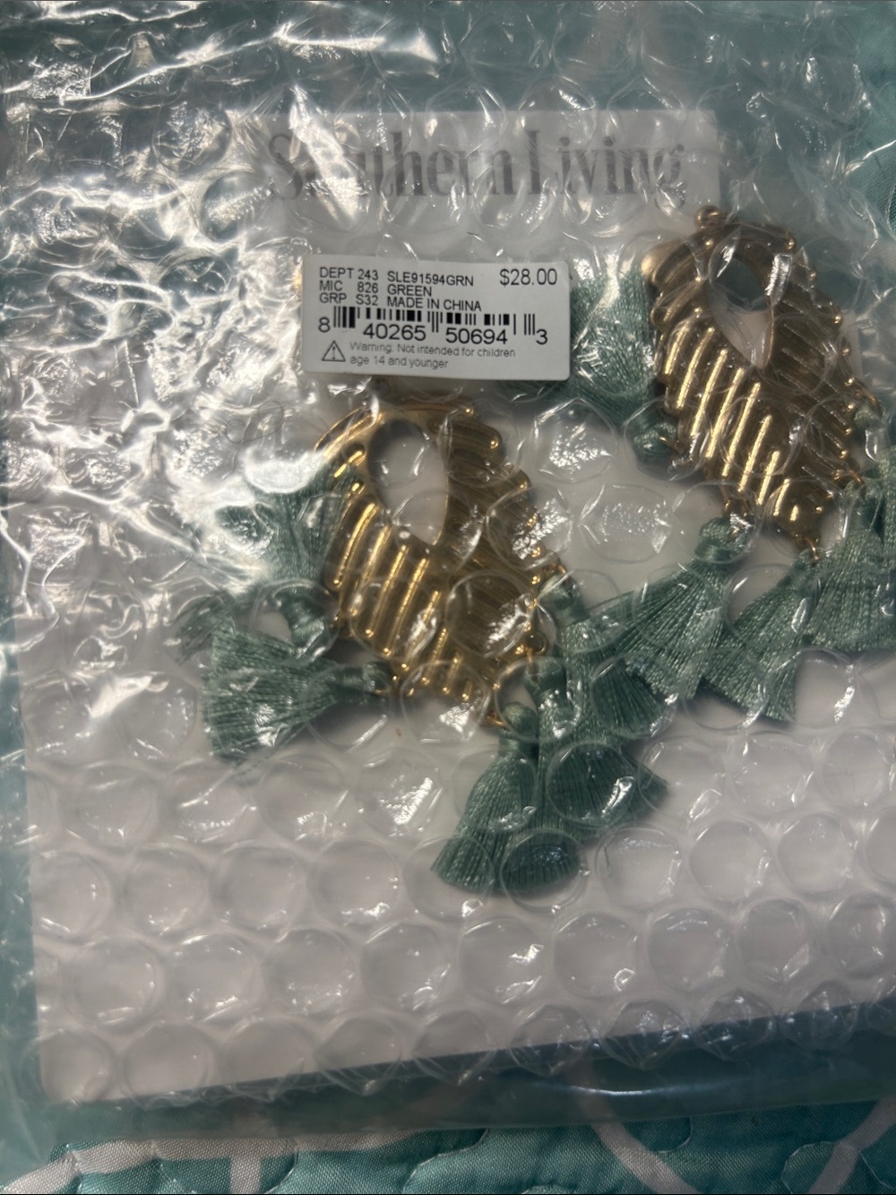 Southern Living Gold Leaf Earrings with Sage Green Tassels